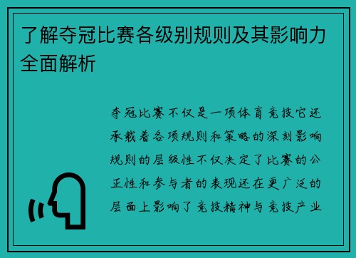 了解夺冠比赛各级别规则及其影响力全面解析